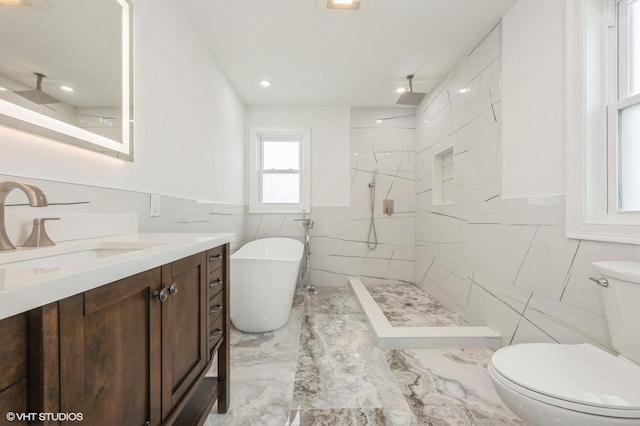 2101 Fir St, Wantagh, NY 11793 - full bathroom featuring tile walls, marble finish floors, a marble finish shower, vanity, and recessed lighting