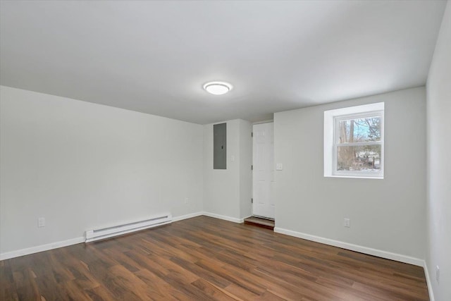 empty room featuring a baseboard heating unit, electric panel, and dark hardwood / wood-style floors