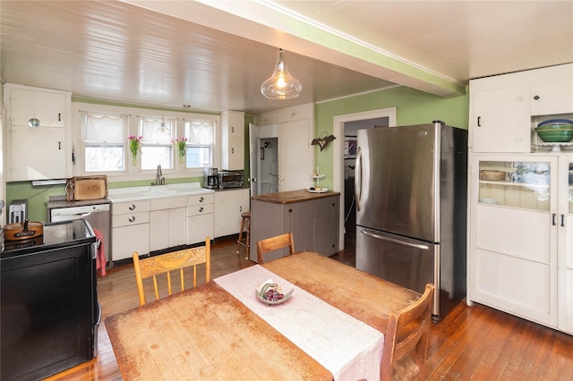 807 Lucas Avenue Ext, Hurley, NY 12443 - kitchen featuring freestanding refrigerator, dark wood-style floors, white cabinetry, and butcher block countertops