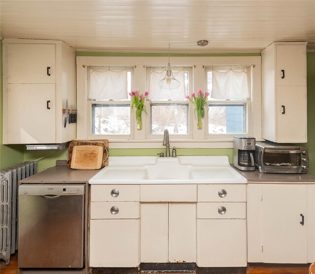 807 Lucas Avenue Ext, Hurley, NY 12443 - kitchen featuring dishwasher, radiator heating unit, light countertops, white cabinetry, and wood ceiling