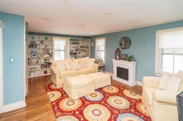 807 Lucas Avenue Ext, Hurley, NY 12443 - living room featuring baseboards, wood finished floors, a glass covered fireplace, and recessed lighting