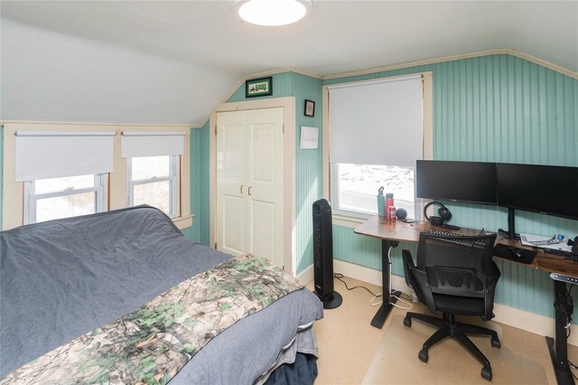 807 Lucas Avenue Ext, Hurley, NY 12443 - carpeted bedroom with vaulted ceiling, a desk, and baseboards