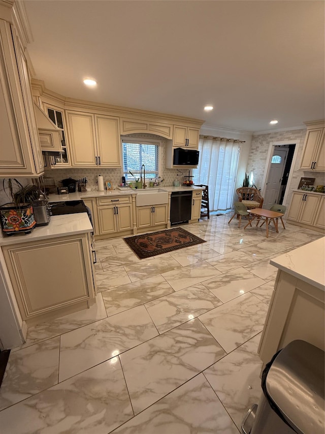 kitchen with glass insert cabinets, black dishwasher, marble finish floor, and cream cabinetry