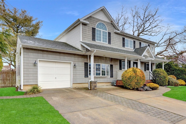 view of front of property featuring a garage, covered porch, and a front lawn