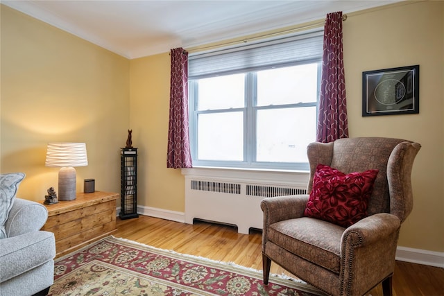 living area featuring hardwood / wood-style floors and radiator heating unit