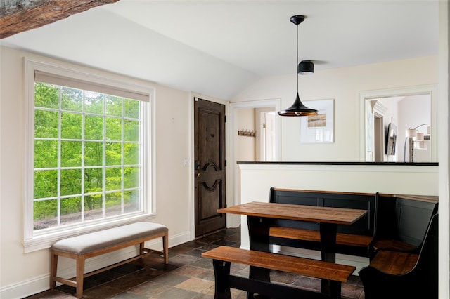 58 Spring Ln, Chappaqua, NY 10514 - dining area featuring baseboards, plenty of natural light, vaulted ceiling, and dark stone finish flooring