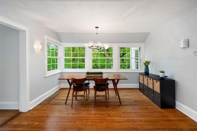 58 Spring Ln, Chappaqua, NY 10514 - dining room with wood finished floors, a chandelier, vaulted ceiling, baseboards, and breakfast area