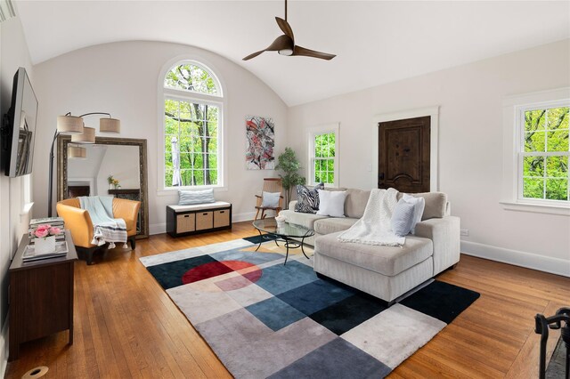 58 Spring Ln, Chappaqua, NY 10514 - living room featuring ceiling fan, wood finished floors, lofted ceiling, and baseboards
