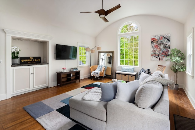 58 Spring Ln, Chappaqua, NY 10514 - living area with lofted ceiling, wood finished floors, ceiling fan, and baseboards