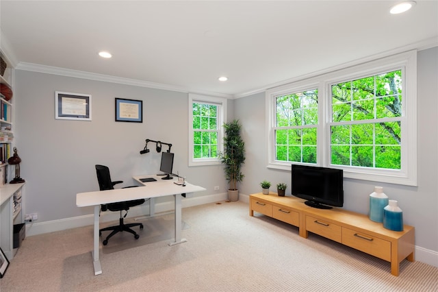 58 Spring Ln, Chappaqua, NY 10514 - home office with baseboards, ornamental molding, light colored carpet, and recessed lighting