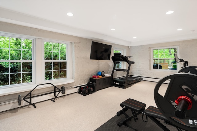 58 Spring Ln, Chappaqua, NY 10514 - workout room with healthy amount of natural light, carpet floors, and recessed lighting