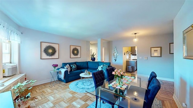 living room with light parquet flooring