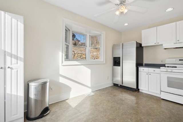 kitchen featuring white cabinets, concrete floors, white range with gas cooktop, ceiling fan, and stainless steel refrigerator with ice dispenser