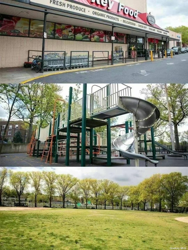 exterior space with a playground and a lawn