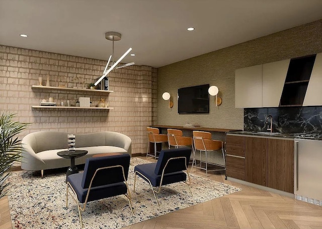 interior space featuring sink and light parquet flooring