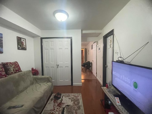 living room featuring dark wood-type flooring