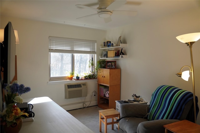 334 Central Park Ave Unit H8, Scarsdale, NY 10583 - sitting room with baseboard heating, light carpet, a wall mounted AC, and a ceiling fan