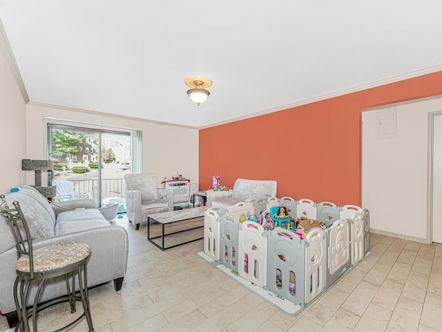 bedroom featuring access to exterior and crown molding