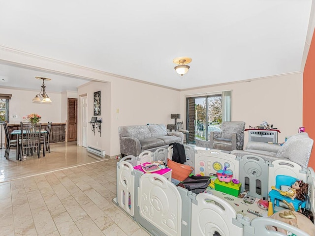 interior space with baseboard heating, ornamental molding, and plenty of natural light