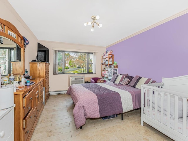 bedroom with multiple windows, a wall mounted air conditioner, crown molding, and a baseboard heating unit