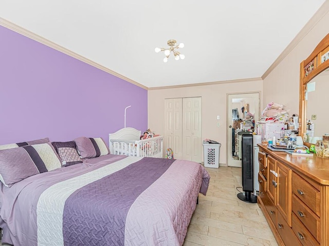 bedroom featuring ornamental molding and a closet