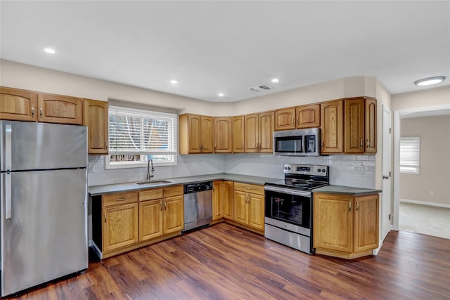 kitchen with sink, decorative backsplash, stainless steel appliances, and dark hardwood / wood-style floors