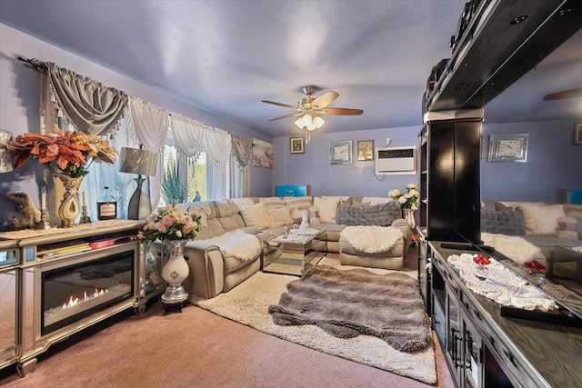 carpeted living room with ceiling fan and a wall mounted air conditioner