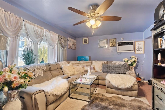 carpeted living room with an AC wall unit and ceiling fan