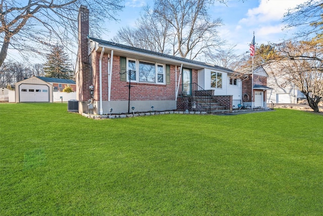 view of front facade featuring an outbuilding, central air condition unit, brick siding, a front lawn, and a chimney