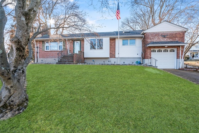 ranch-style house with driveway, a garage, a front lawn, and brick siding