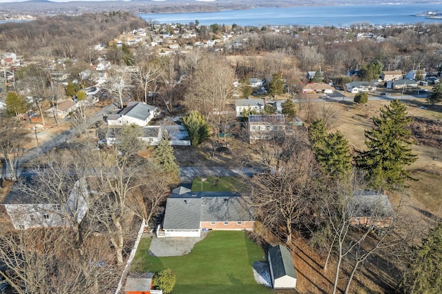 drone / aerial view featuring a water view