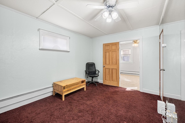 sitting room with ceiling fan, carpet, and baseboard heating