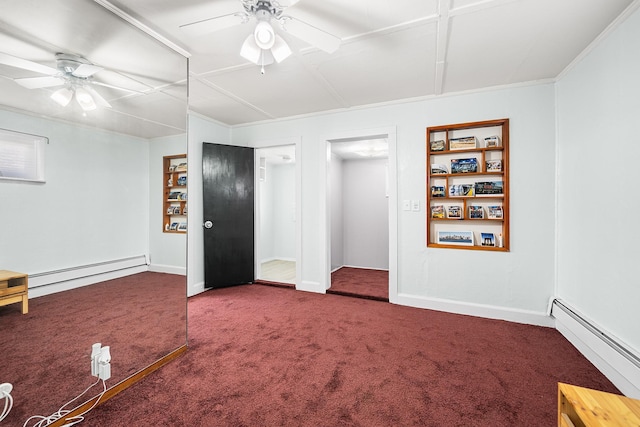 carpeted spare room featuring ceiling fan, ornamental molding, built in features, and a baseboard heating unit