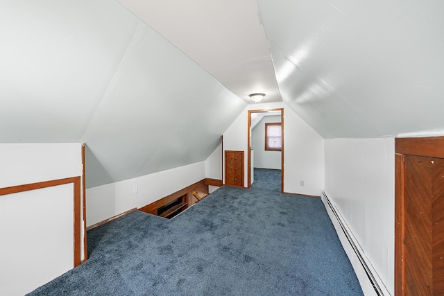 bonus room with lofted ceiling, a baseboard heating unit, and carpet flooring