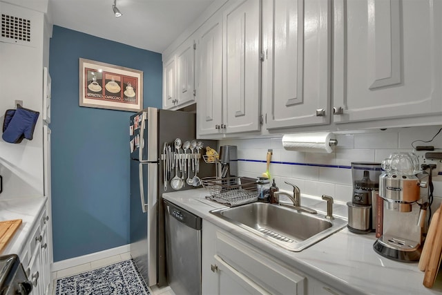 kitchen featuring white cabinetry, dishwasher, backsplash, and sink