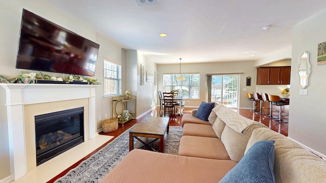 living area with a fireplace with flush hearth, plenty of natural light, wood finished floors, and baseboards