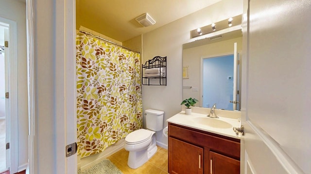 full bath with toilet, tile patterned flooring, visible vents, and vanity