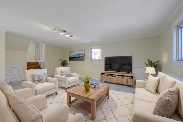 living room with ornamental molding