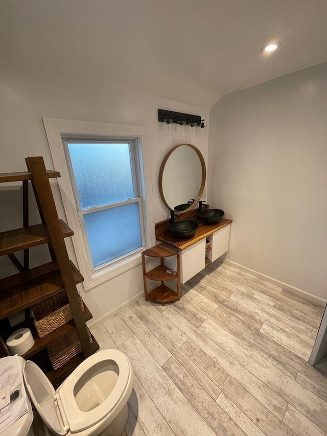 bathroom featuring wood-type flooring and toilet