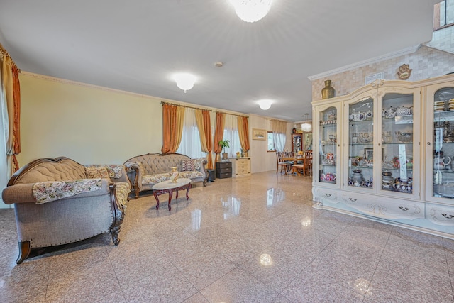 living room with granite finish floor and crown molding