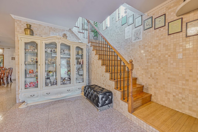 staircase featuring ornamental molding and granite finish floor