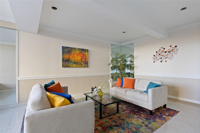 living room featuring crown molding, baseboards, beam ceiling, and recessed lighting