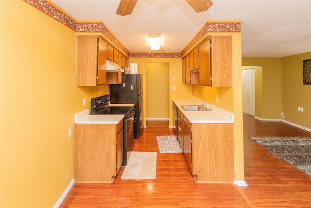 kitchen featuring ceiling fan, sink, light hardwood / wood-style floors, and black electric range