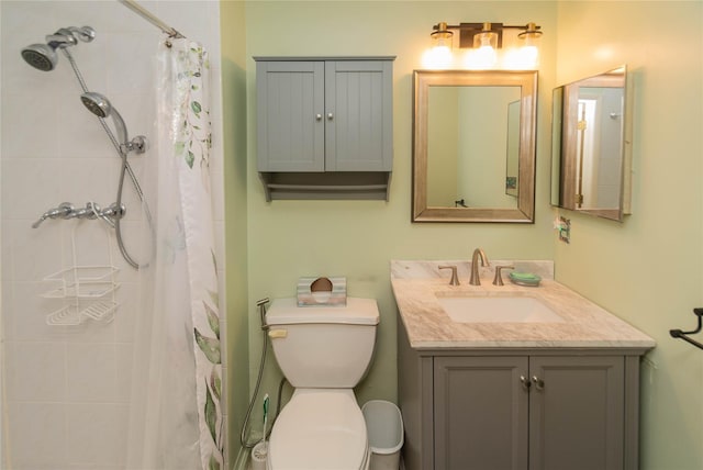 bathroom featuring vanity, walk in shower, and toilet