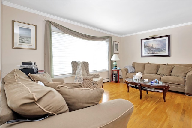 living area featuring crown molding, a baseboard radiator, and light wood-type flooring