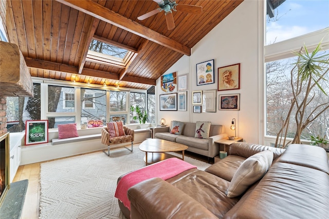 living area featuring a skylight, wooden ceiling, ceiling fan, beamed ceiling, and high vaulted ceiling