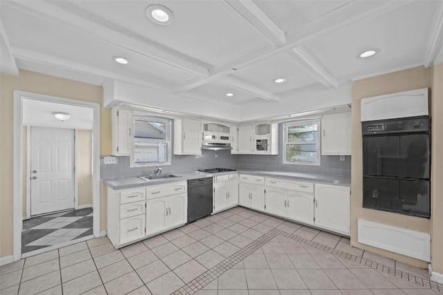 kitchen featuring tasteful backsplash, sink, white cabinets, and black appliances