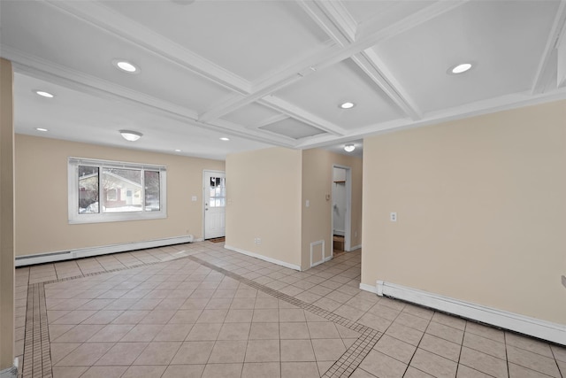 tiled empty room with coffered ceiling, a baseboard radiator, and beam ceiling