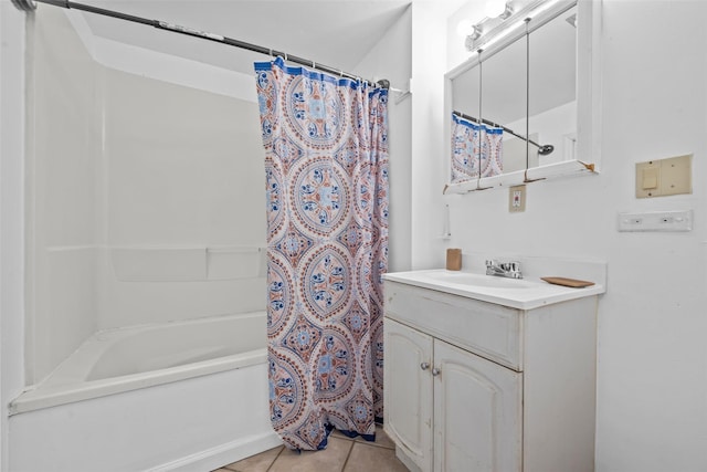 bathroom featuring vanity, shower / tub combo, and tile patterned floors