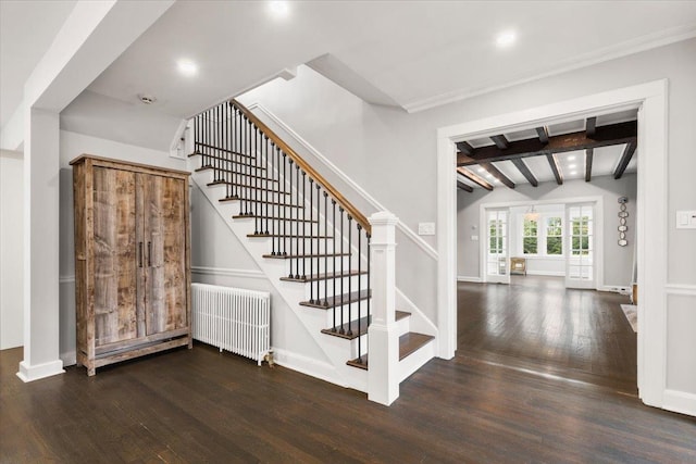 320 Putnam Ave, Port Chester, NY 10573 - stairway featuring radiator heating unit, wood finished floors, beamed ceiling, baseboards, and recessed lighting